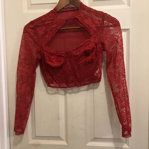 SHEIN Red Lace Long Sleeve Corset Crop Top - size large